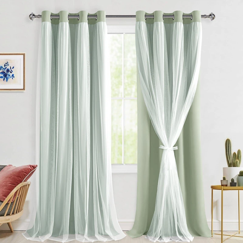 Hiasan Double Layer Blackout Curtains 108 inches Long Thermal Insulated Sheer Curtains for Bedroom Living Room, 2 Drape Panels with Tiebacks, Seafoam, 52W X 108L