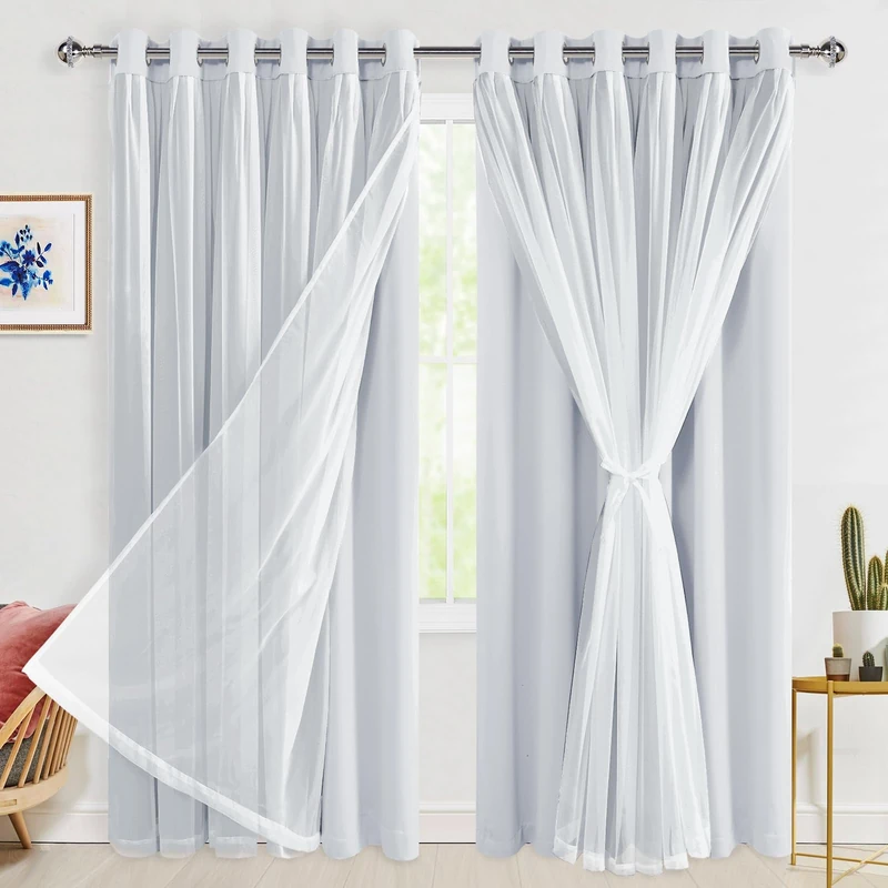 Hiasan Blackout Curtains with Sheer Overlay, Thermal Insulated Privacy Mix & Match Double Layer Window Curtains for Girls Bedroom, Living Room, 2 Drape Panels with Tiebacks, Greyish White, 70W X 84L