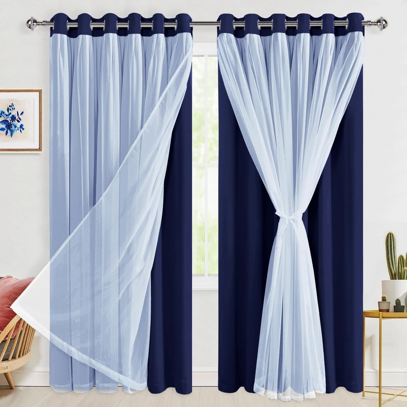 Hiasan Blackout Curtains with Sheer Overlay 84 Inches Long, Thermal Insulated Double Layer Window Curtains for Bedroom, Living Room, Nursery, 2 Panels Sewn with Tiebacks, Navy Blue, 70W X 84L