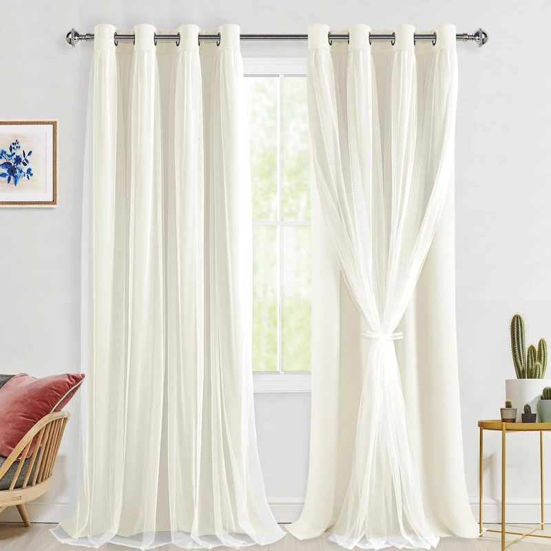 Hiasan Double Layer Blackout Curtains with Sheer Overlay, Extra Long Mix & Match Thermal Insulated Grommet Window Curtains for Bedroom, Living Room, 2 Panels with Tiebacks, Ivory, 52W X 108L