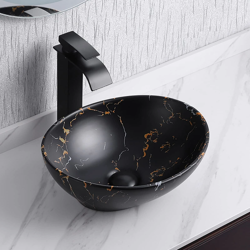 Davivy 16'' X 13.2'' Matte Black Oval Vessel Sink with Pop Up Drain, Countertop Installation, Porcelain Ceramic Material, Vessel Sink, Black, 16x13.2x5.8 inches