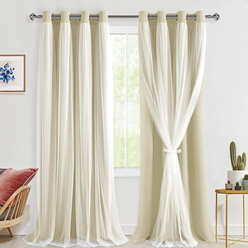 Hiasan Mix & Match Blackout Curtains with Sheer Overlay, Double Layer Extra Long Thermal Insulated Grommet Window Curtains for Bedroom, Living Room, 2 Drape Panels, Light Beige, 52W X 108L