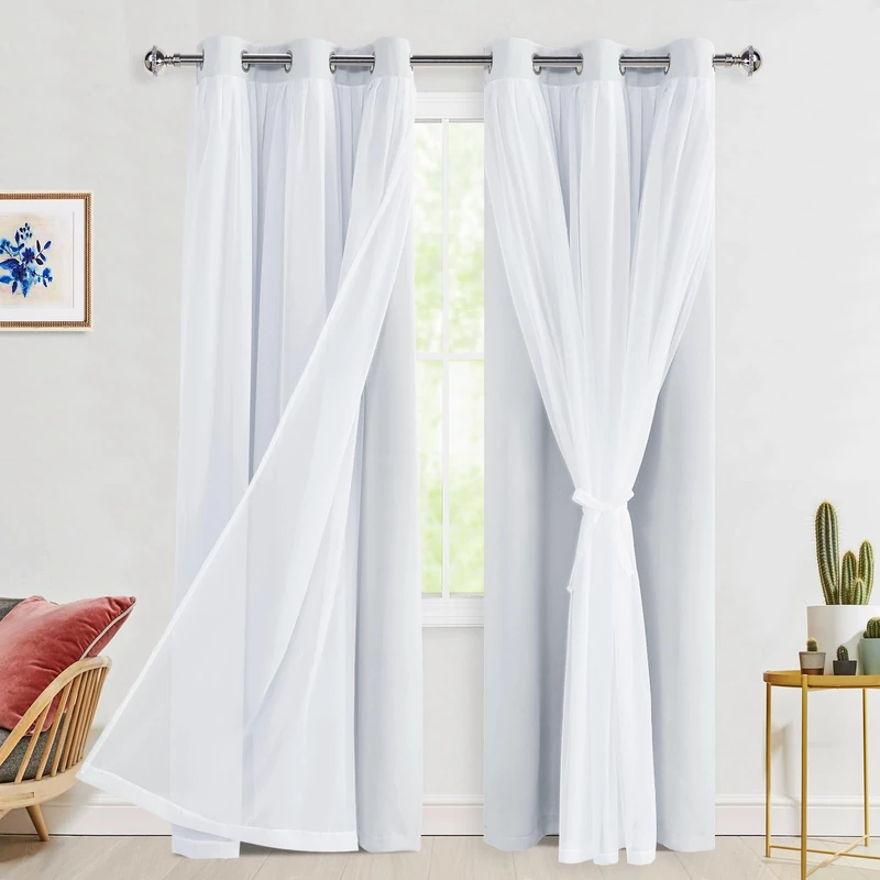 Hiasan Blackout Curtains with Sheer Overlay, Thermal Insulated Privacy Mix & Match Double Layer Window Curtains for Girls Bedroom, Living Room, 2 Drape Panels with Tiebacks, Greyish White, 42W X 84L