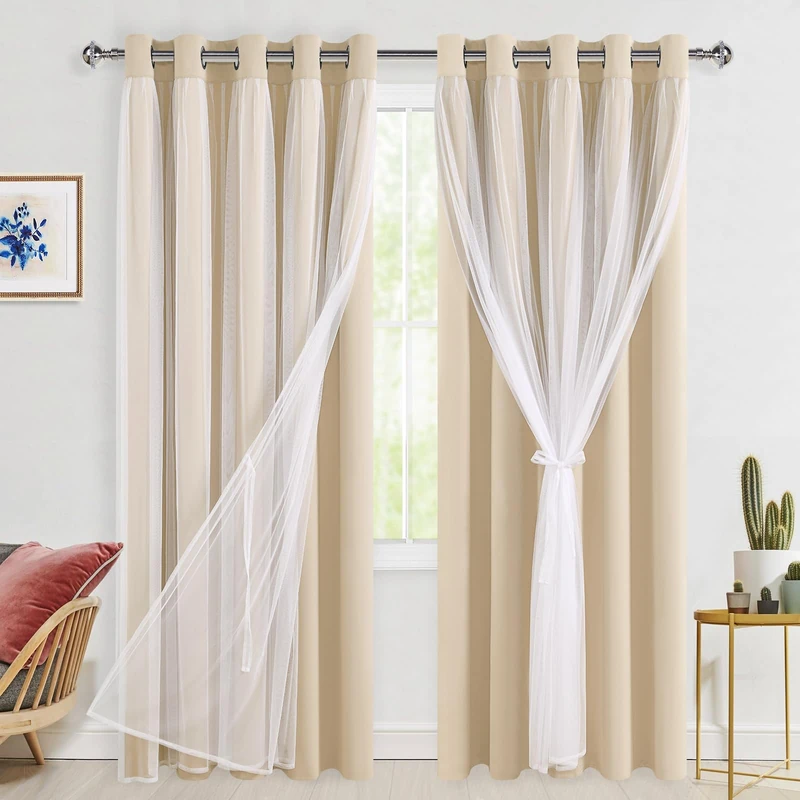 Hiasan Mix & Match Verdunkelungsvorhänge mit durchscheinender Overlay, wärmeisolierte Privatsphäre, doppellagig, Raumverdunkelung, Fenstervorhänge für Schlafzimmer, Wohnzimmer, Beige, 60Wx84L