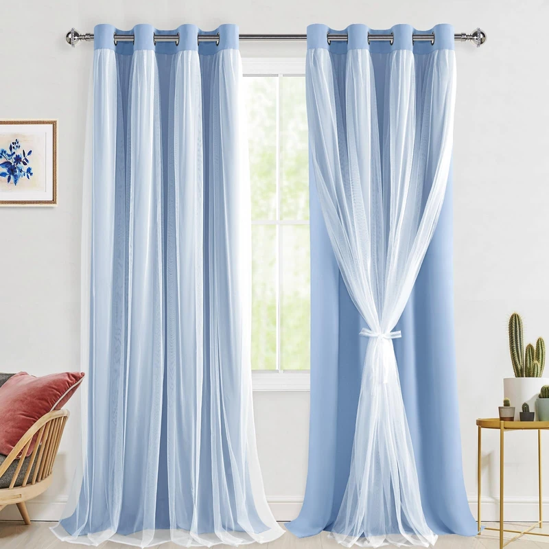 Hiasan Blackout Curtains with Sheer Overlay, Mix & Match Double Layer Thermal Insulated Room Darkening Curtains for Bedroom, Living Room, 2 Window Curtain Panels with Tiebacks, Baby Blue, 52W X 108L