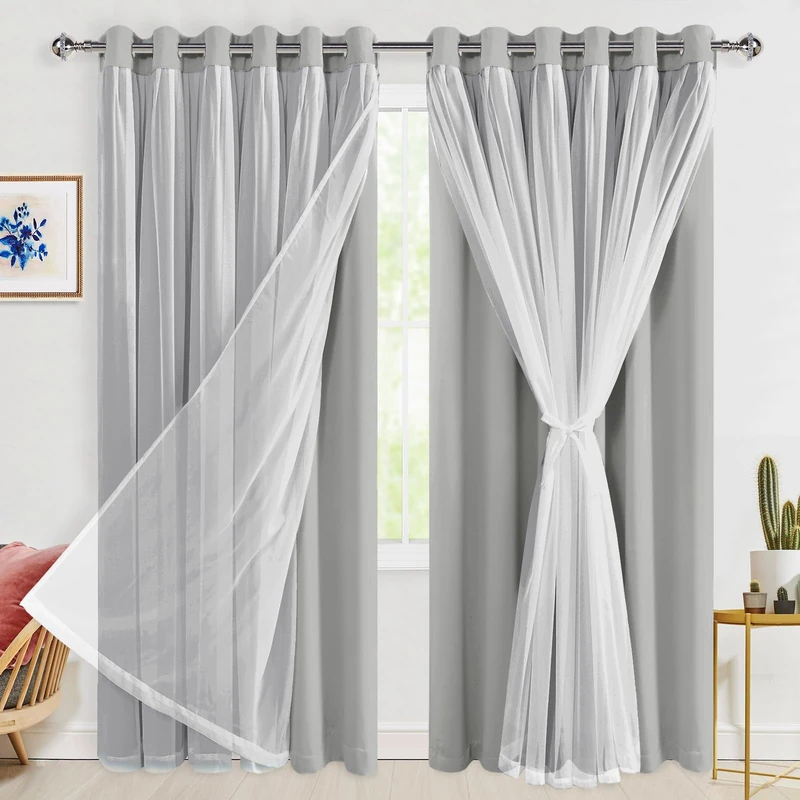 Hiasan Silver Grey Blackout Curtains with Sheer 84 Inches Long, Thermal Insulated Double Layer Room Darkening Curtains for Bedroom, Living Room, 2 Window Drape Panels with Tiebacks, 70W X 84L