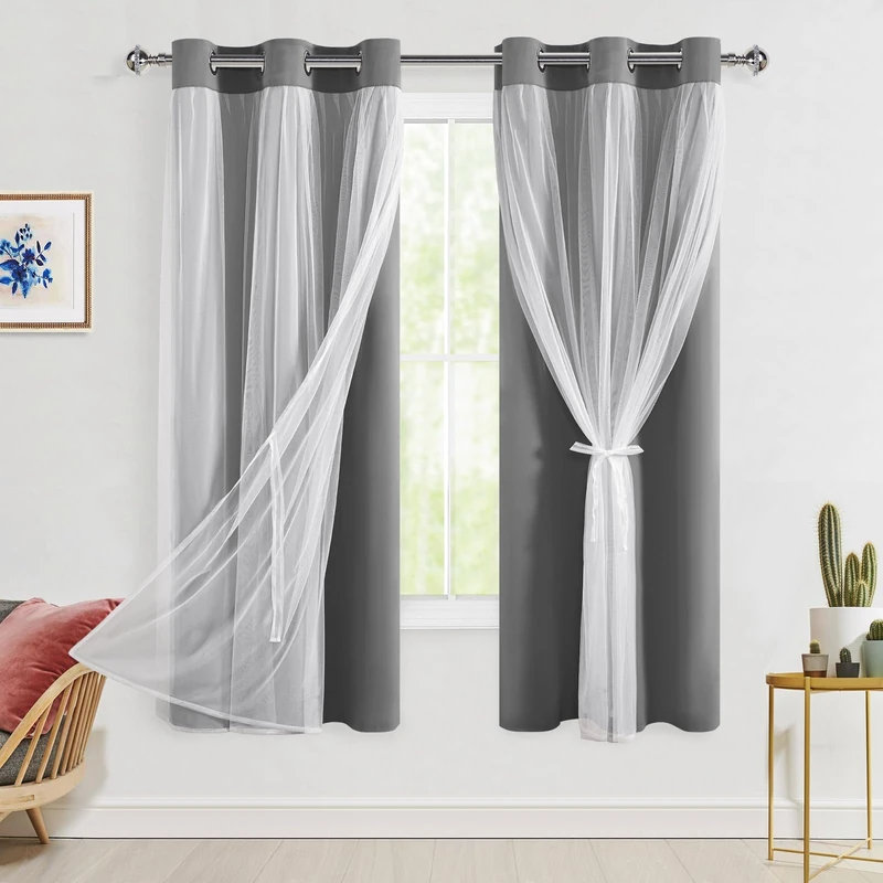 Hiasan Blackout Curtains with Sheer Overlay, Grommet Thermal Insulated Privacy Mix and Match Double Layer Window Curtains for Girls Bedroom, Living Room, 2 Drape Panels with Tiebacks, Grey, 42W X 63L