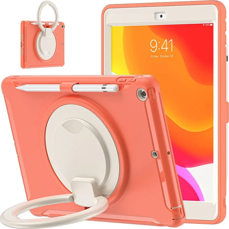 Case for iPad Pro 10.2" 2021/2020/2019 (9th/8th/7th Generation) with Pen Holder, Shockproof Full Body Silicone Case with 360° Rotating Stand - Orange
