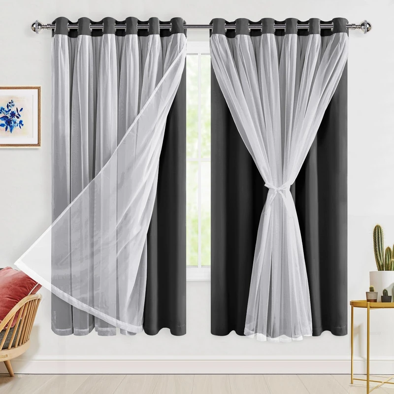 Hiasan Extra Wide Blackout Curtains with Sheer Overlay Thermal Insulated Double Layer Indoor Curtains 63 inches Long,2 Panels with Tiebacks, Black, 70W X 63L