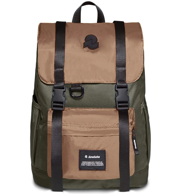 Invicta Backpack, CHAT COLORBLOCK, Eco-friendly Knapsack, For Office, Day Trips & Commuting, For School, Sport, Free Time, with Side Pockets & Laptop Sleeve, Italian Design, moss green