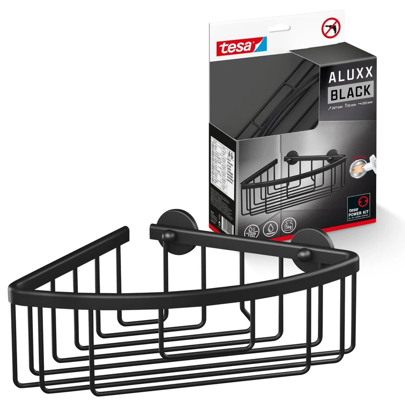 tesa ALUXX BLACK Wall Mounted Corner Shower Basket, Matt Black - Suits industrial style and modern bathrooms - Drill-free, with self-adhesive solution - 192 mm x 92 mm x 200 mm