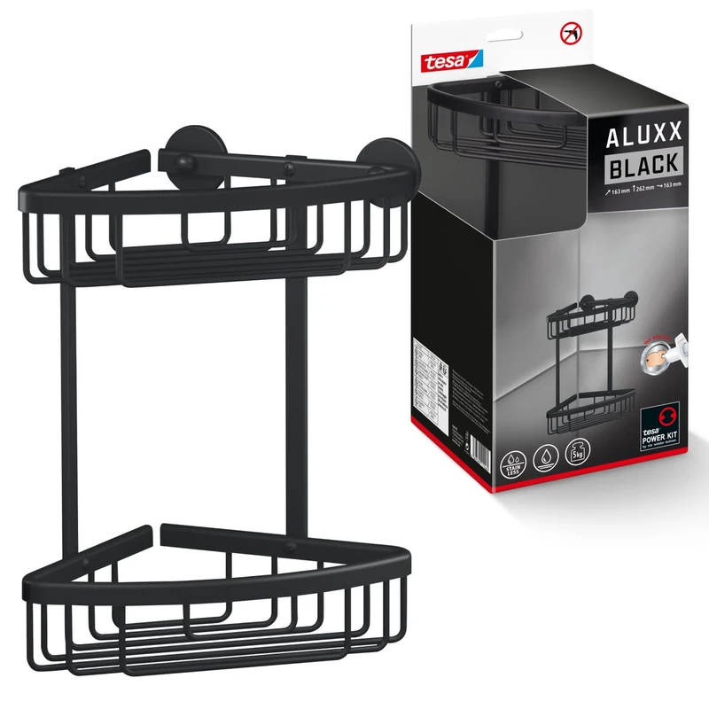 tesa ALUXX BLACK Wall Mounted Corner Shower Basket, Matt Black - Two levels - Suits industrial style and modern bathrooms - Drill-free, with self-adhesive solution - 163 mm x 260 mm x 170 mm