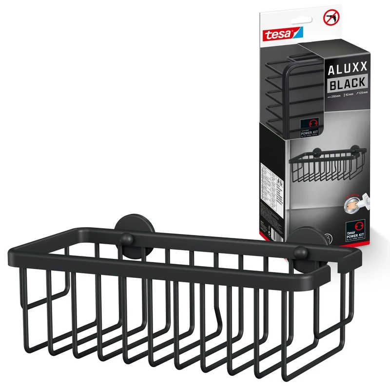 tesa ALUXX BLACK Wall Mounted Shower basket, Matt Black - extra deep for more room - Suits industrial style and modern bathrooms - Drill-free, with self-adhesive solution - 92 mm x 250 mm x 125 mm
