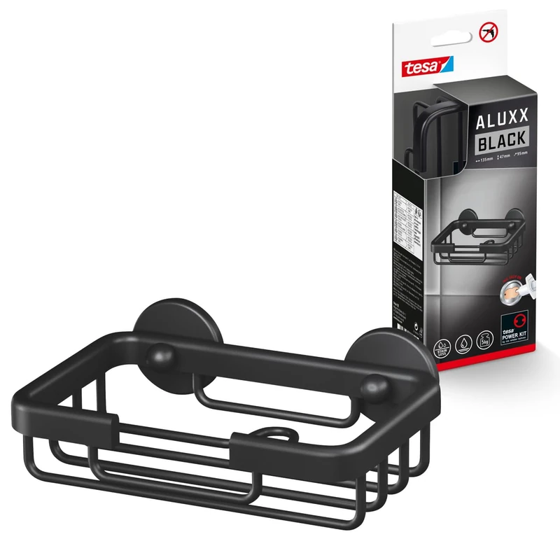 tesa ALUXX BLACK Wall Mounted Soap Holder, Matt Black - Suits industrial style and modern bathrooms - Drill-free, with self-adhesive solution - 135 mm x 46 mm x 95 mm - Image 1
