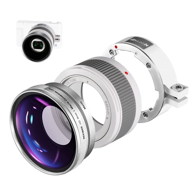 NEEWER 2 in 1 18mm Wide Angle Lens & 10X Macro Lens with Extension Tube, Bayonet Lens Adapter and Cleaning Cloth, Only Compatible with Sony ZV1 (White Frame)