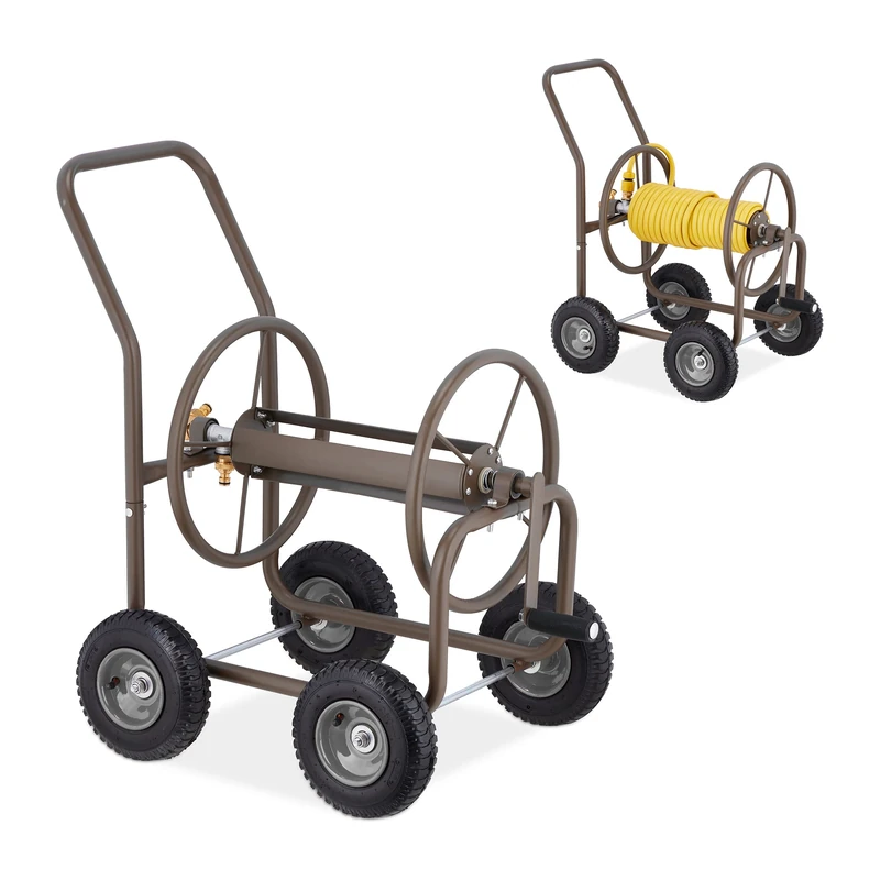 Relaxdays Hose Trolley, Up to 60 Meters, 4 Rubber Wheels, H x W x D: 81 x 53 x 80 cm, Steel, Brown