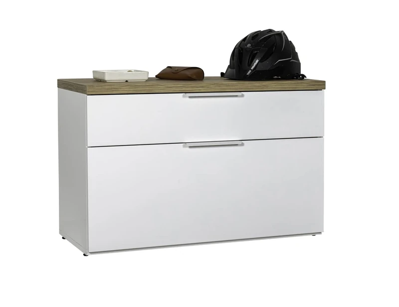Composad | MUNDI Line Shoe Rack with 1 Drawer and 1 Flap Shoe Rack Bench, Space-Saving Entrance Cabinet, Dimensions (WxHxD) 82.3 x 53.3 x 35.4 cm, Oak and White Lacquered, Made in Italy