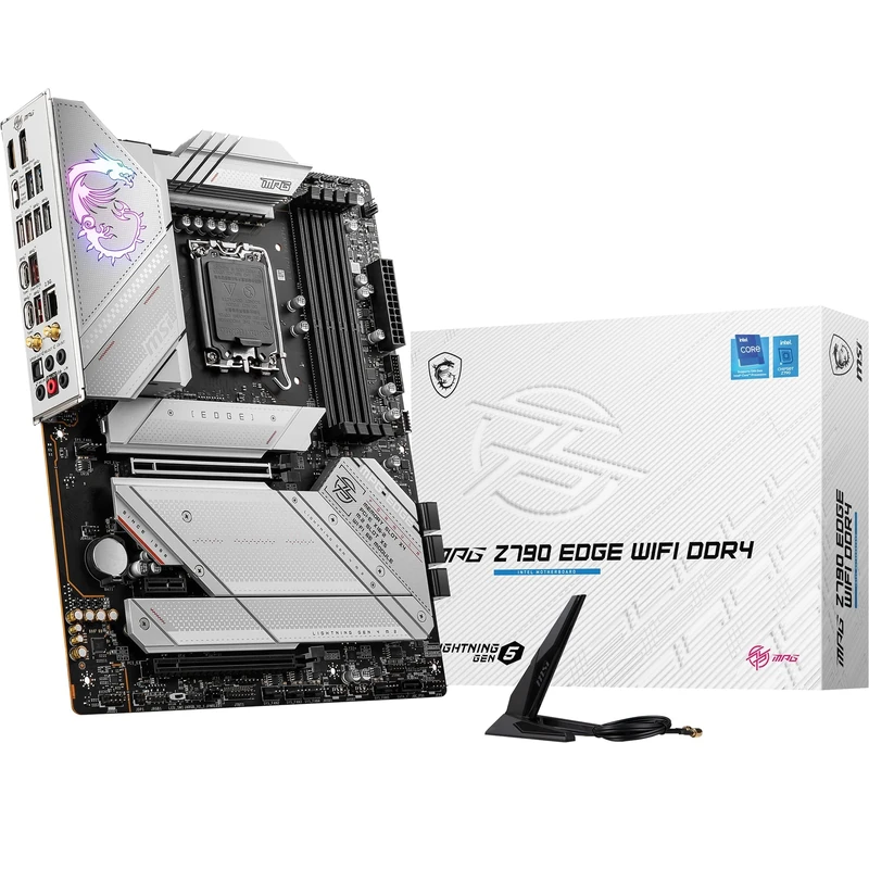 MSI MPG Z790 Edge WiFi DDR4 supports Intel processors 12 + 13th generation, LGA 1700, 16+1+1 phase VRM 105A, 4X DDR4 DIMMs 666+MHz/OC, 1 x PCIe 5.0 x16, 1 x M. 2 Gen5, 4 x M.2 Gen4, Wi-Fi 6E