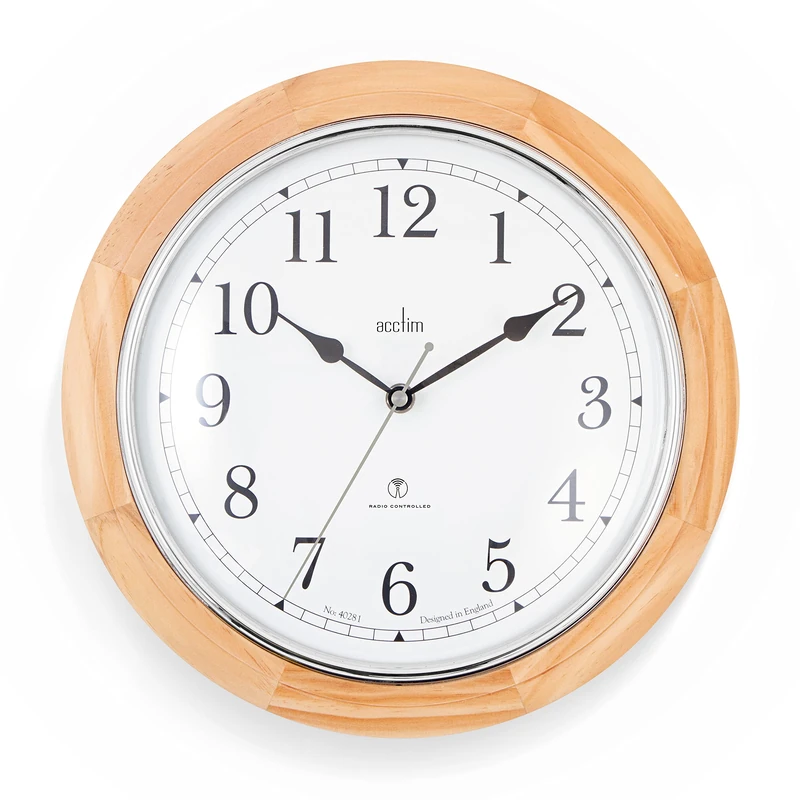 Acctim Exton Radio Controlled Wall Clock Light Wood Colour Frame Silver Bezel 31cm - Image 1