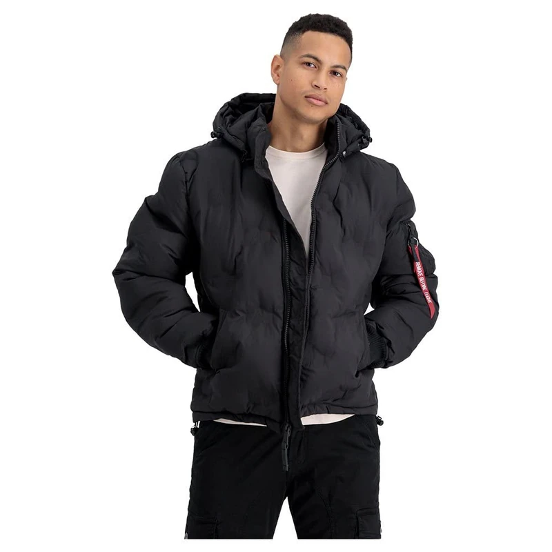Alpha Industries Hooded Logo Puffer Winter Jacket for Men Black
