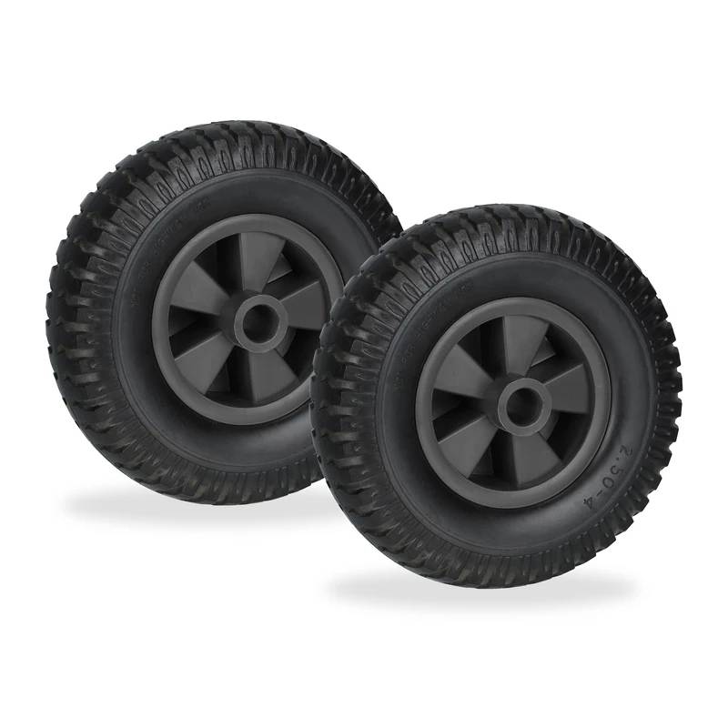 Relaxdays Wheelbarrow Wheels 2.50-4, Set of 2, Solid Rubber, Plastic Centre, up to 80 kg, Replacement Tyre, Black, 2.5-4