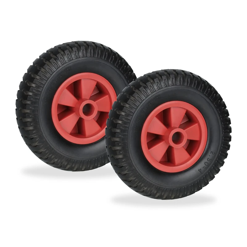 Relaxdays Wheelbarrow Wheels 2.50-4, Set of 2, Solid Rubber, Plastic Centre, up to 80 kg, Replacement Tyre, Black/Red