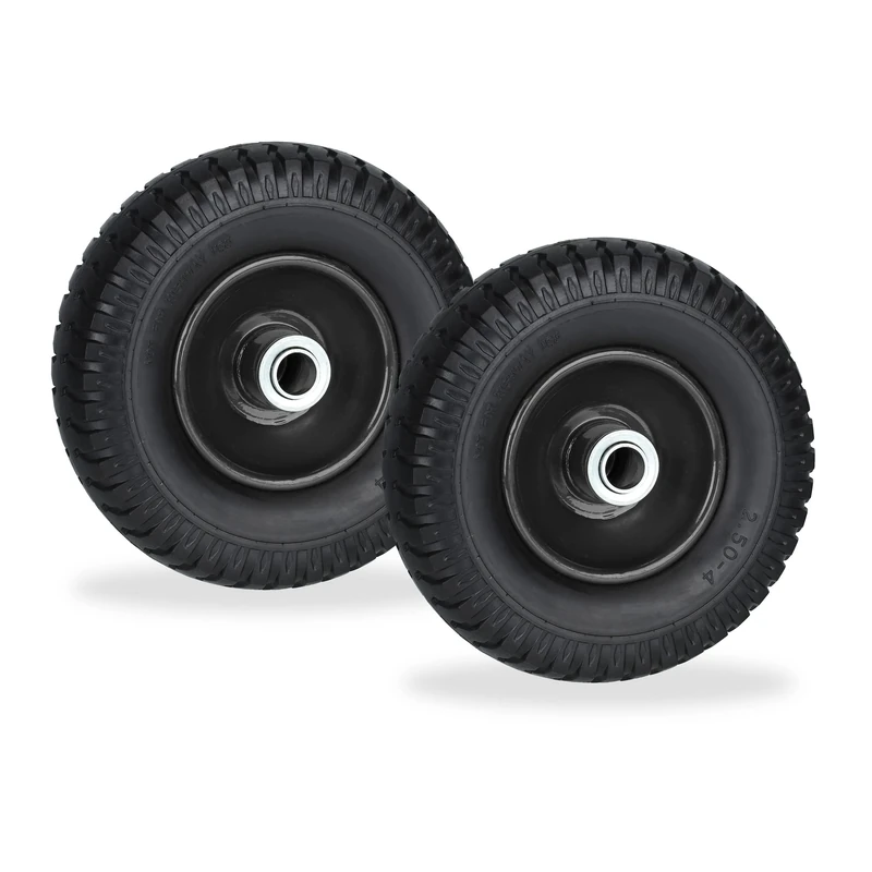 Relaxdays Wheelbarrow Wheels 2.50-4, Set of 2, Solid Rubber, Steel Rim, up to 80 kg, Replacement Tyre, Black, 2.5-4