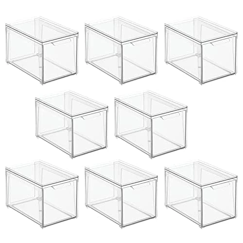mDesign Plastic Stackable Bathroom Storage with Pull Out Bin Organizer Drawer for Cabinet, Vanity, Shelf, Cupboard, Cabinet, or Closet Organization - Lumiere Collection - 8 Pack - Clear