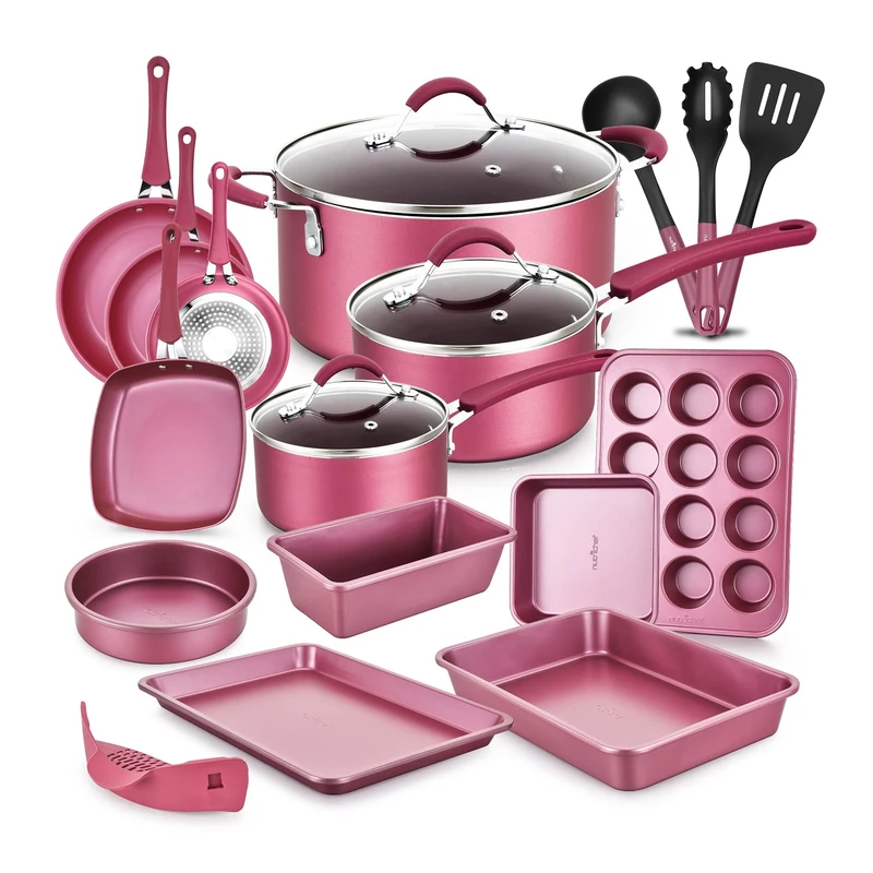 NutriChef Metallic Pots and Pans Set Non Stick, 20 Pcs Induction Hob Ceramic Cookware, Nonstick Cooking with Frying Pans, Pots and Pan Baking with Lids and Utensils, Saucepan Set, Maroon Pink