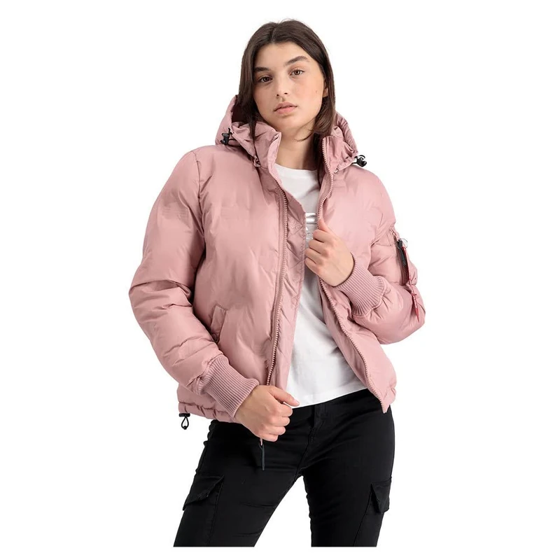Alpha Industries Women's Hooded Logo Puffer Winter Jacket, Silver Pink, XS