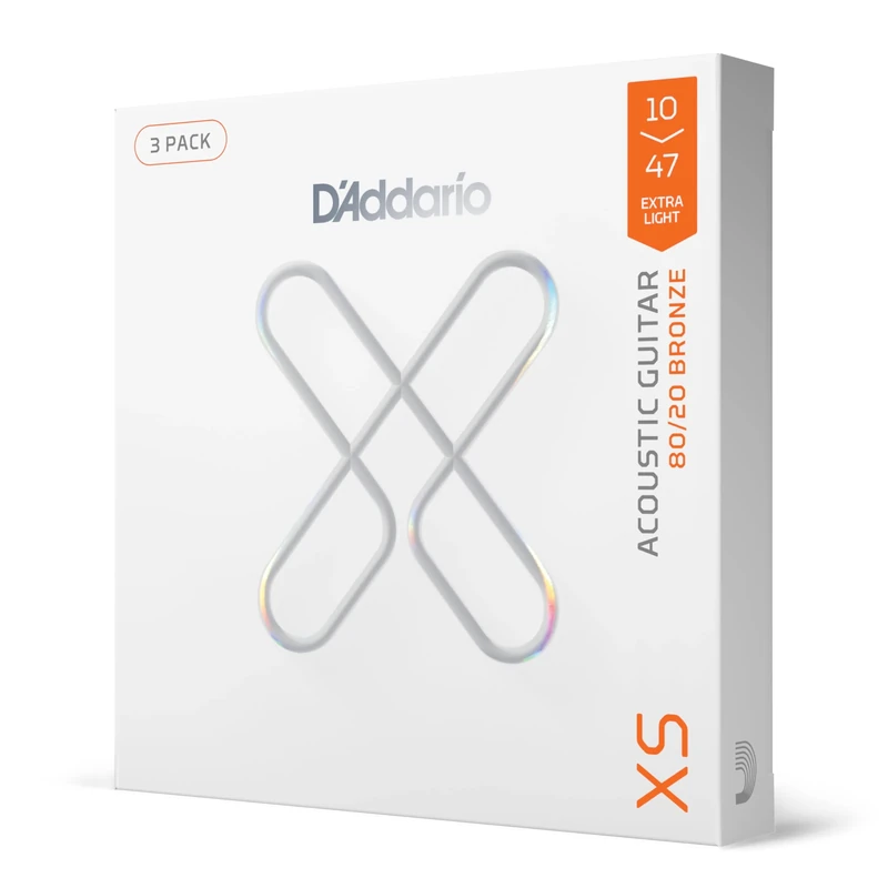 D'Addario Acoustic Guitar Strings, XS 80/20 Bronze Coated, XSABR1047-3P, Extra Light Gauge 10-47, 6-String Set, Pack of 3