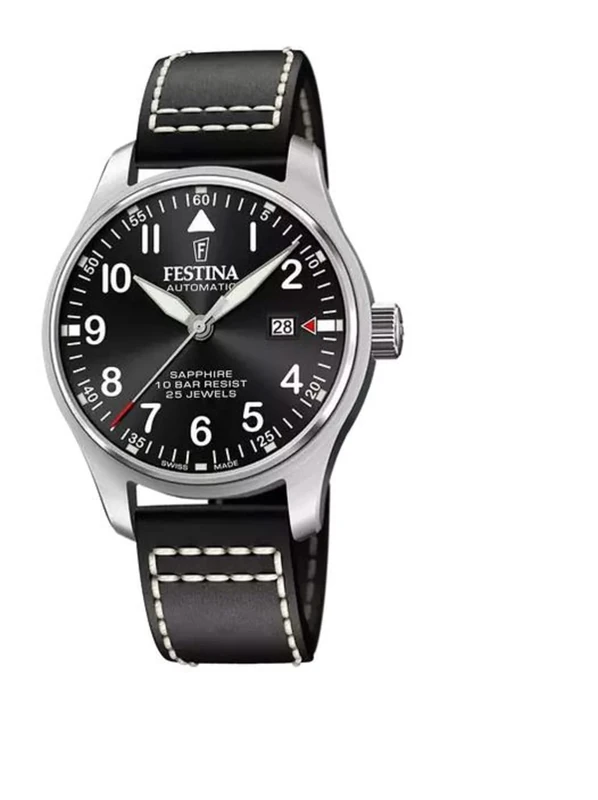 Festina F20151/4 Men's Analogue Automatic Watch with Leather Strap, Silver/Black