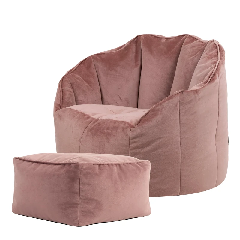 icon Sirena Velvet Bean Bag Chair with Footstool, Dusk Pink, Large Adult Bean Bag with Filling Included, Accent Chair, Living Room Furniture, Bedroom Furniture
