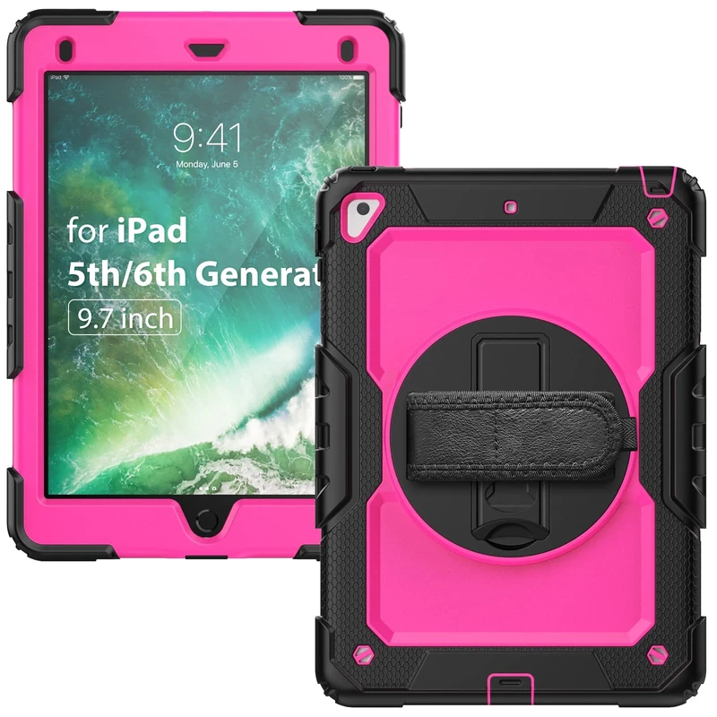iPad 9.7 Case for iPad 6th Generation/2017 iPad 5th Generation Case Full Body Anti-Drop with 360 Rotating Stand Handle/Shoulder Strap for iPad 9.7 Tablet Cases(Black Rose Red B)