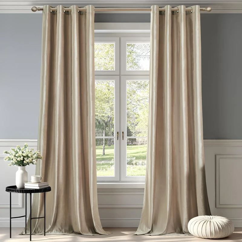 BULBUL Champagne Velvet Curtains 84 Inch Length - 2 Panels Blackout Window Drapes for Living Room and Bedroom - Beige Thermal Insulated Room Darkening Decor With Grommets