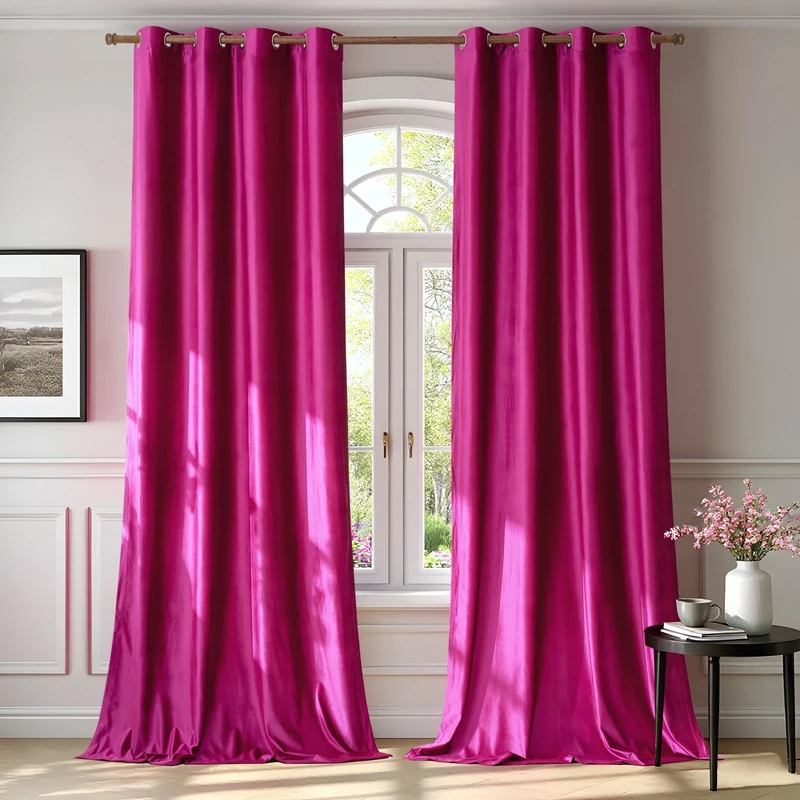 BULBUL Living Room Velvet Window Curtains 96 Inch Length - 2 Panels Hot Pink Blackout Drapes, Thermal Insulated Room Darkening Decor With Grommets for Bedroom