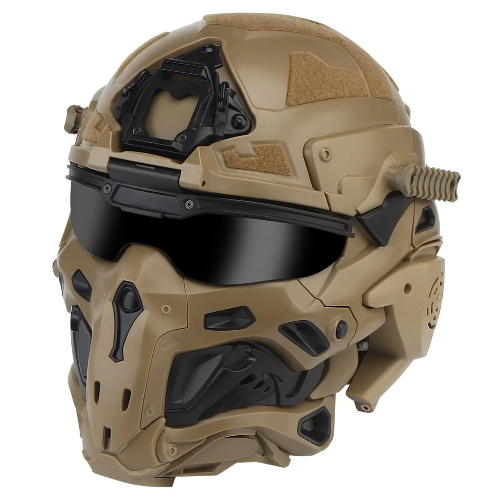 All-in-one Airsoft Full Face Mask Tactical Helmet, With Built-in Tactical Headset/Anti-Fog Fan/Visor Sliding Goggles for Military CS Paintball, Hunting, Outdoor Sports
