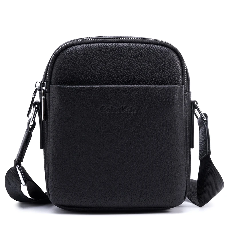 Colins Keirs Leather crossbody bag for men. Man purse with zipper and adjustable shoulder strap. Black Small, Black, S, Cowhide Double Compartment