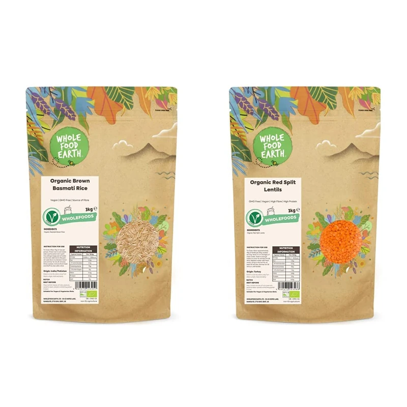 Wholefood Earth - Organic Brown Basmati Rice, 3 kg & Organic Red Split Lentils 3kg GMO Free | Vegan | High Fibre | High Protein | Certified Organic