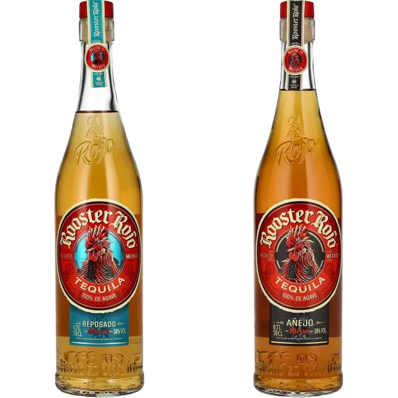 Rooster Rojo Tequila Reposado 100% Blue Agave - 38% Vol 70cl (0.7 Litre) Glass Bottle & Rojo Tequila Anejo 100% Blue Agave - 38% Vol 70cl (0.7 Litre) Glass Bottle