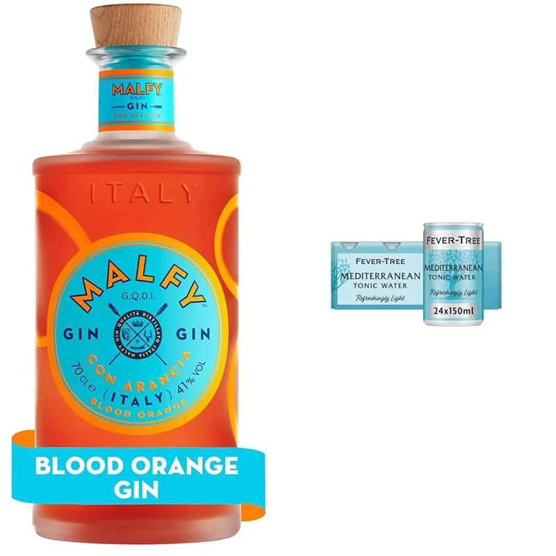 Malfy Arancia Sicilian Blood Orange Gin 70cl & Fever-Tree Refreshingly Light Mediterranean Tonic Water 150ml Cans (Pack of 24)
