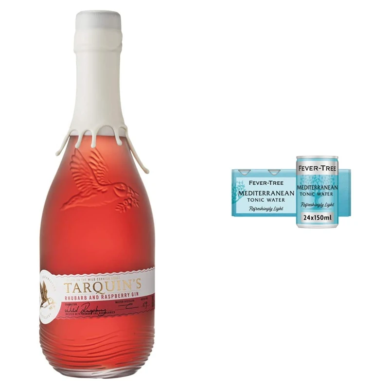 Tarquin's Rhubarb and Raspberry Gin, 70 cl & Fever-Tree Refreshingly Light Mediterranean Tonic Water 8 x 150ml (Pack of 3, Total 24 cans)