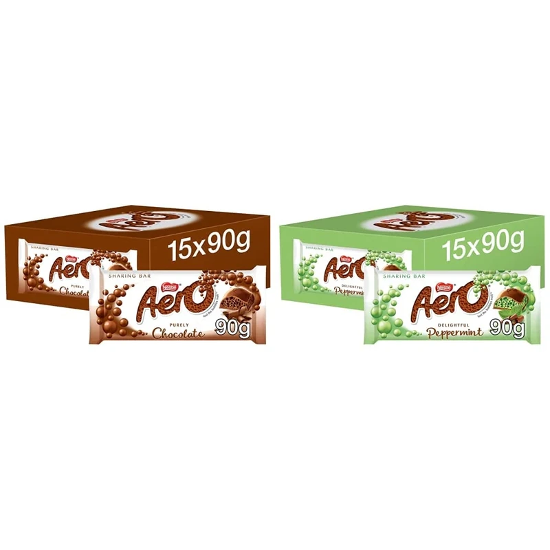 AERO - Bubbly Milk Chocolate Sharing Bars | 15 x 100g Chocolate Bars & AERO - Bubbly Peppermint Milk Chocolate Sharing Bars | 15 x 100g Chocolate Bars