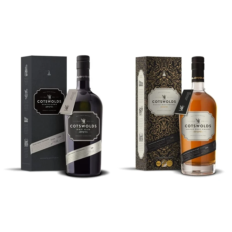 Cotswolds Distillery Dry Gin, 700ml & Cotswolds Single Malt Whisky with Gift Box - Multi Award Winning Whisky Made with Locally Grown Floor-Malted Barley - 46% ABV - 70cl
