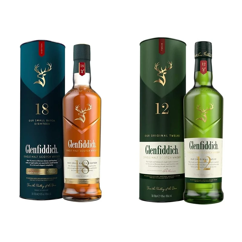 Glenfiddich 18 Year Old Single Malt Scotch Whisky with Gift Box – 70cl & 12 Year Old Single Malt Scotch Whisky, 70cl