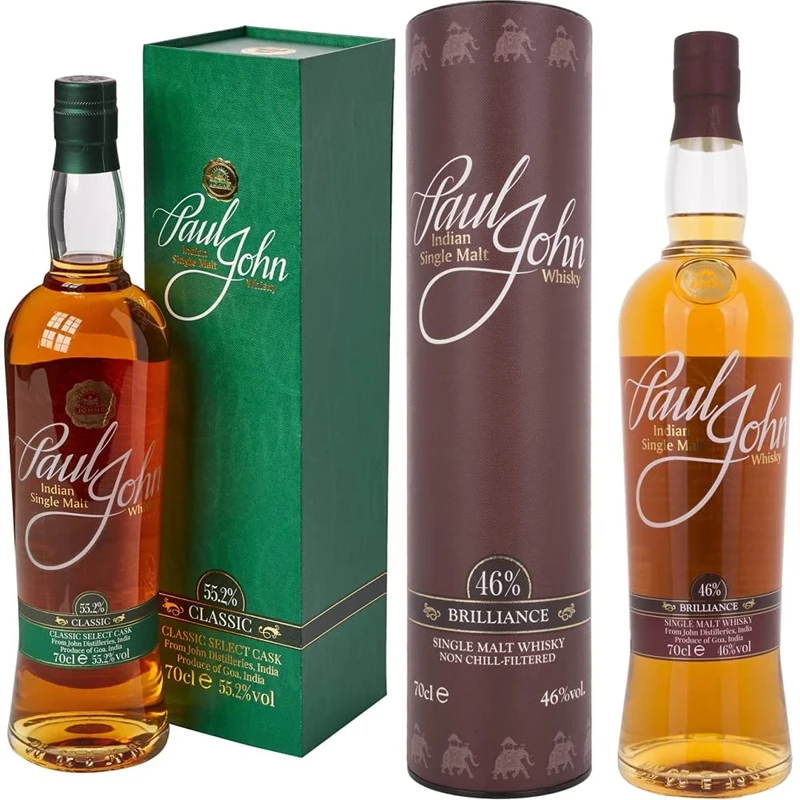 Paul John Cask Classic Indian Single Malt Whiskey, 70 cl & Brilliance Indian Single Malt Whisky 70 cl