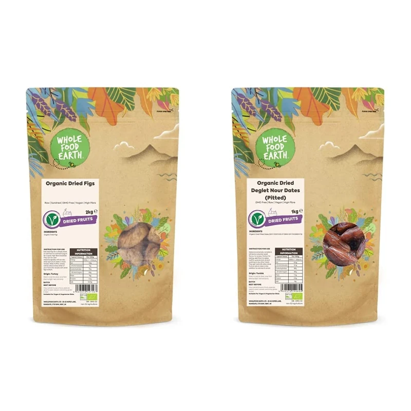 Wholefood Earth Organic Dried Figs – 2 kg | Raw | Sundried | GMO Free | Vegan | High Fibre | Certified Organic & Organic Dried Deglet Nour Dates (Pitted) – 1 kg | GMO Free | Raw | Vegan | High Fibre