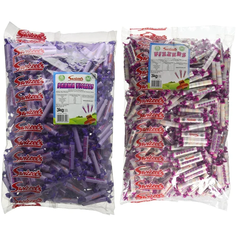 Swizzels 3kg Bulk Sweets Bag of Parma Violets - Party Pack & Original Assorted Fruit Fizzers Bulk Sweets Bag 3 kg