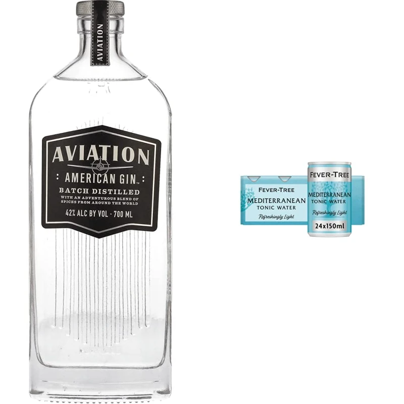 Aviation American Gin, 700ml & Fever-Tree Refreshingly Light Mediterranean Tonic Water 8 x 150ml (Pack of 3, Total 24 cans)