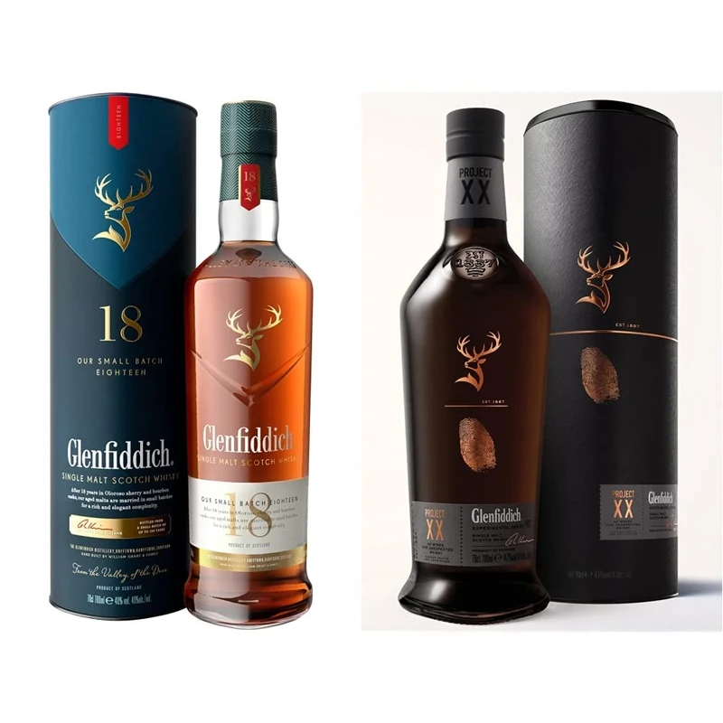 Glenfiddich 18 Year Old Single Malt Scotch Whisky with Gift Box – 70cl & Project XX Single Malt Scotch Whisky, 70cl